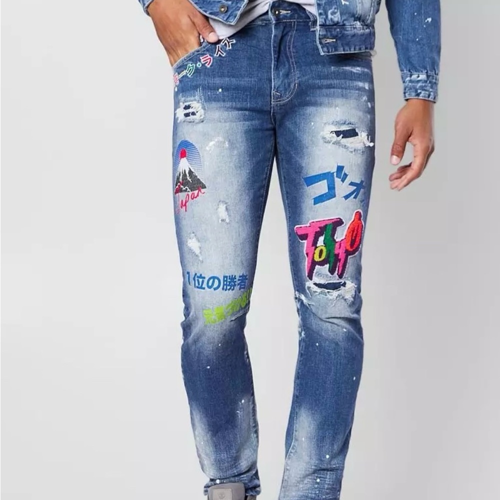 Men's Smoke Rise Tokyo Ferry Blue Taper Stretch Denim Jeans‎ Size 40x32